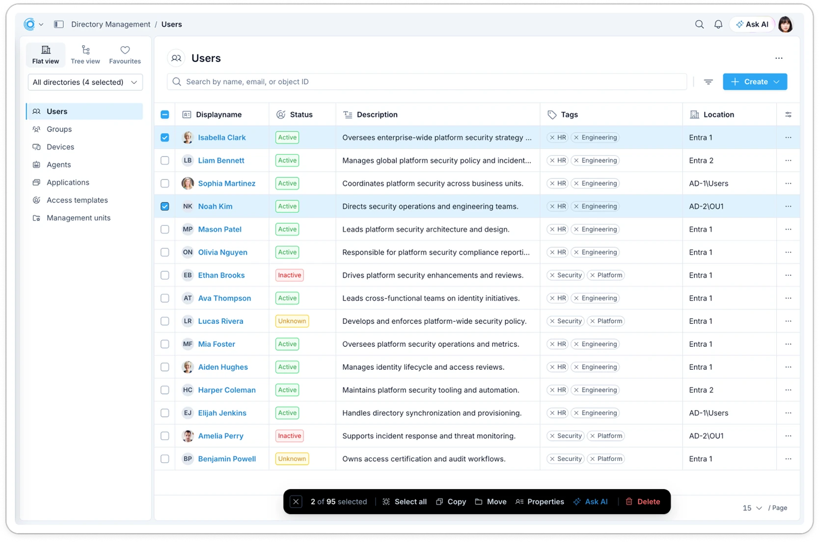 Active Roles users table with status, tags, location and a bulk action bar