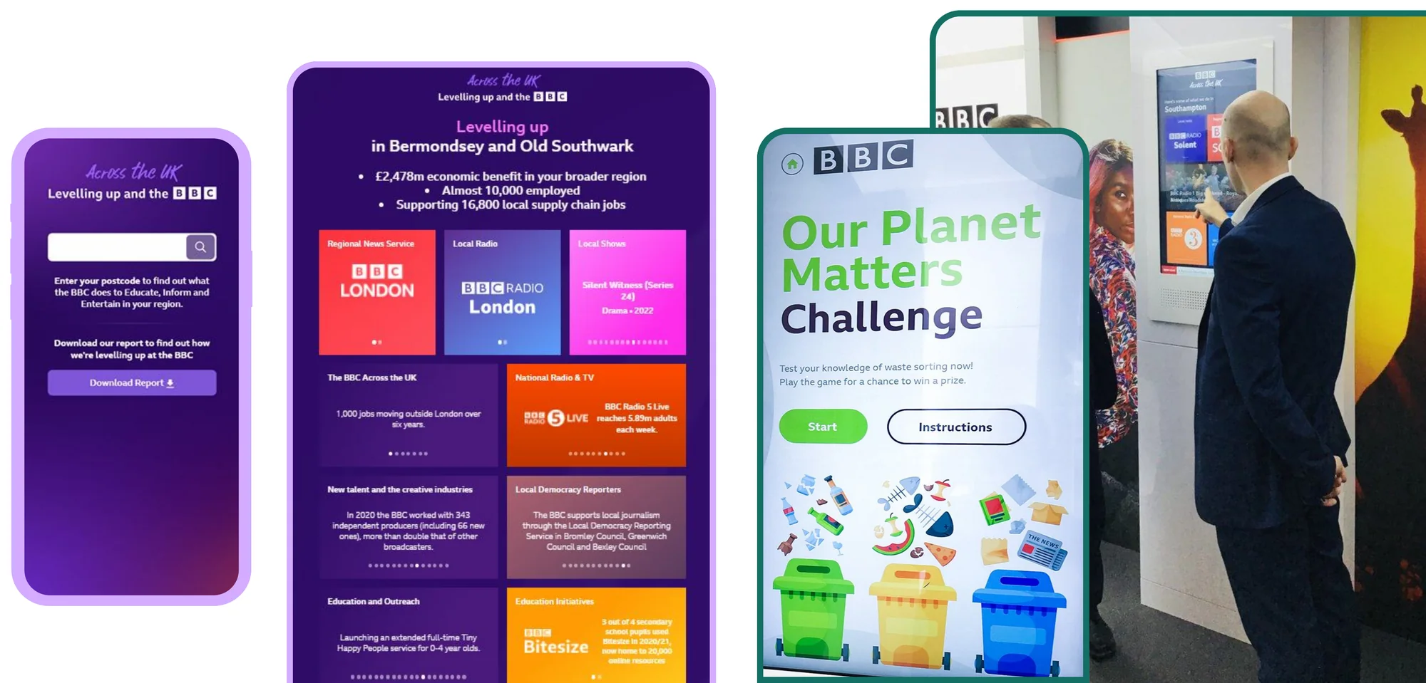 BBC Levelling up postcode lookup, regional results screen, Our Planet Matters game and the kiosk in use at the stand