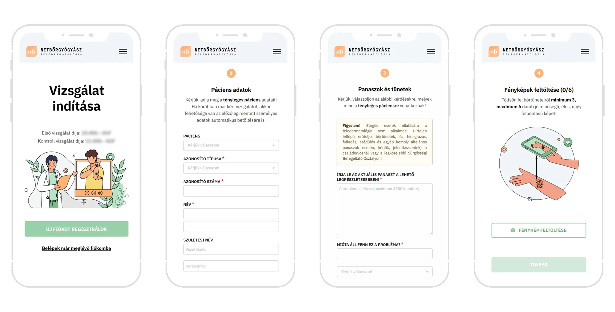 Four mobile screens: start consultation, patient details, symptoms with urgent-care warning, photo upload