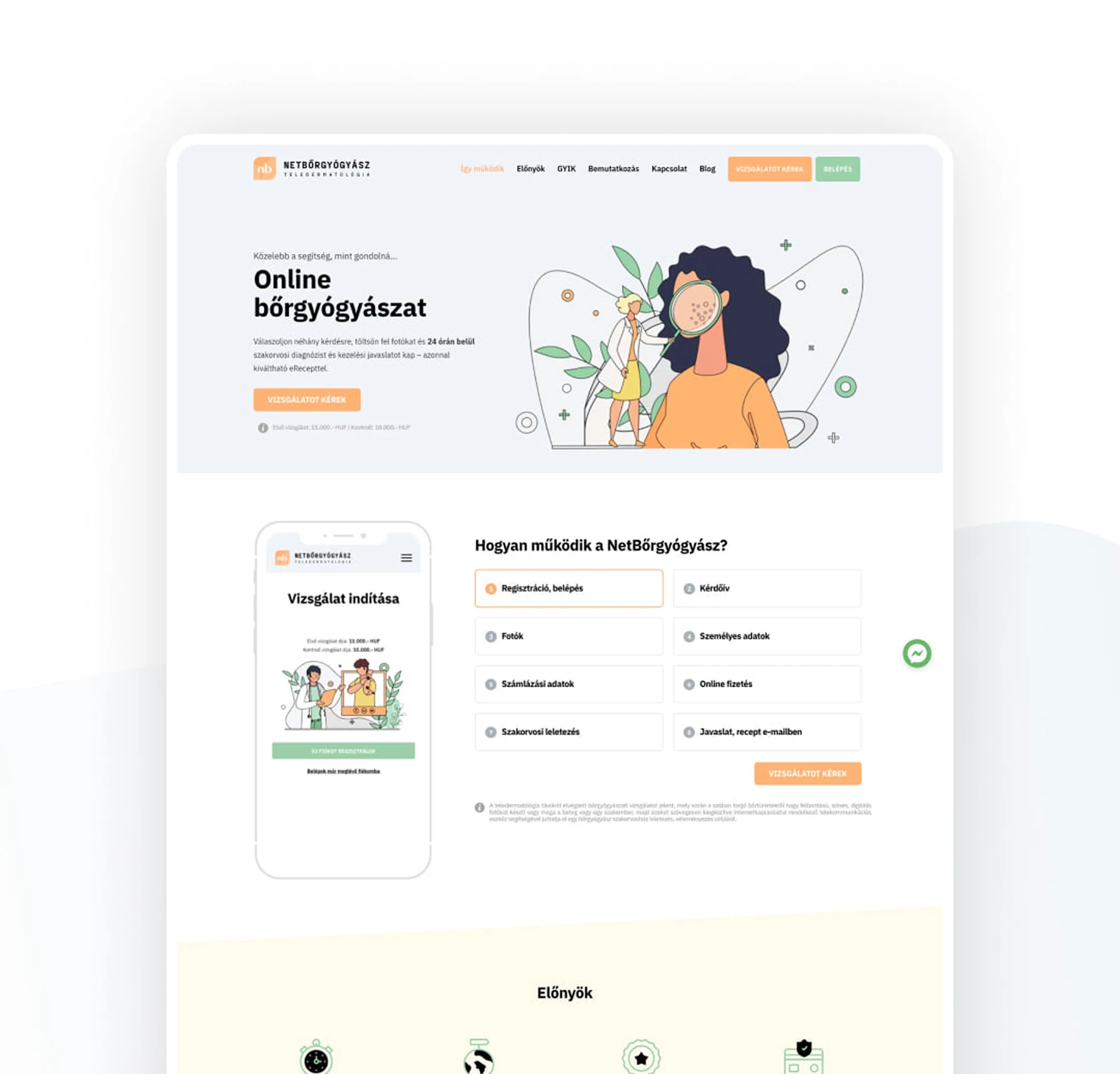 NetBőrgyógyász desktop landing page with hero and the how-it-works steps
