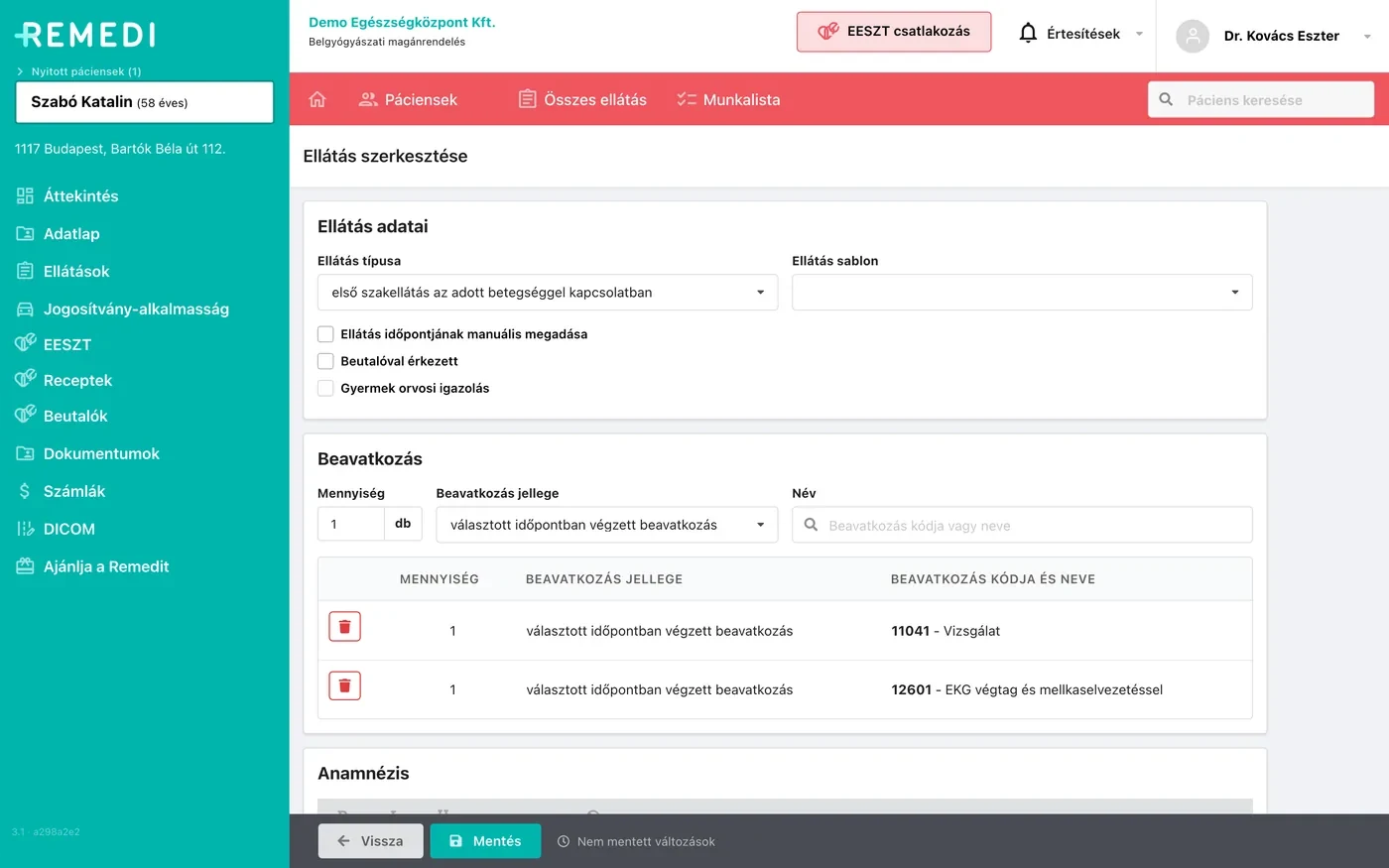 Remedi care record editor with visit type, procedures table and anamnesis
