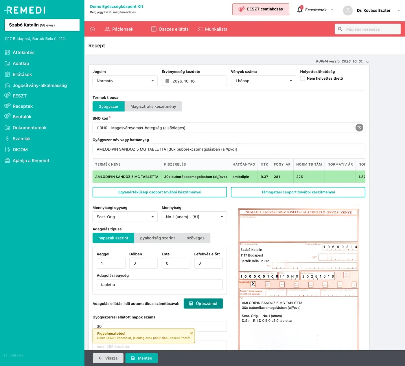 Remedi e-prescription screen with drug search, dosage by time of day and a live prescription form preview