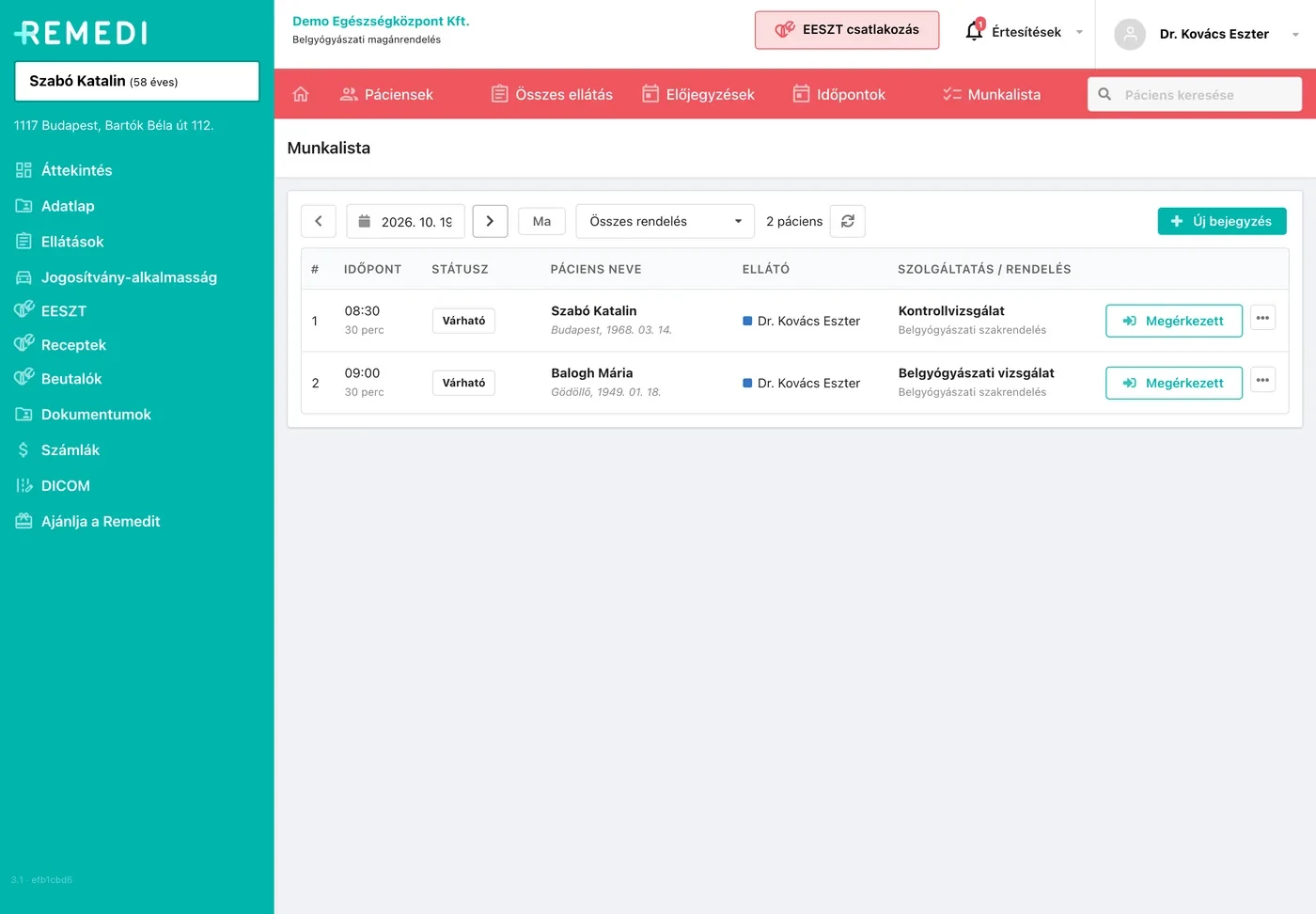 Remedi worklist showing the day's appointments with status, patient, provider and check-in buttons