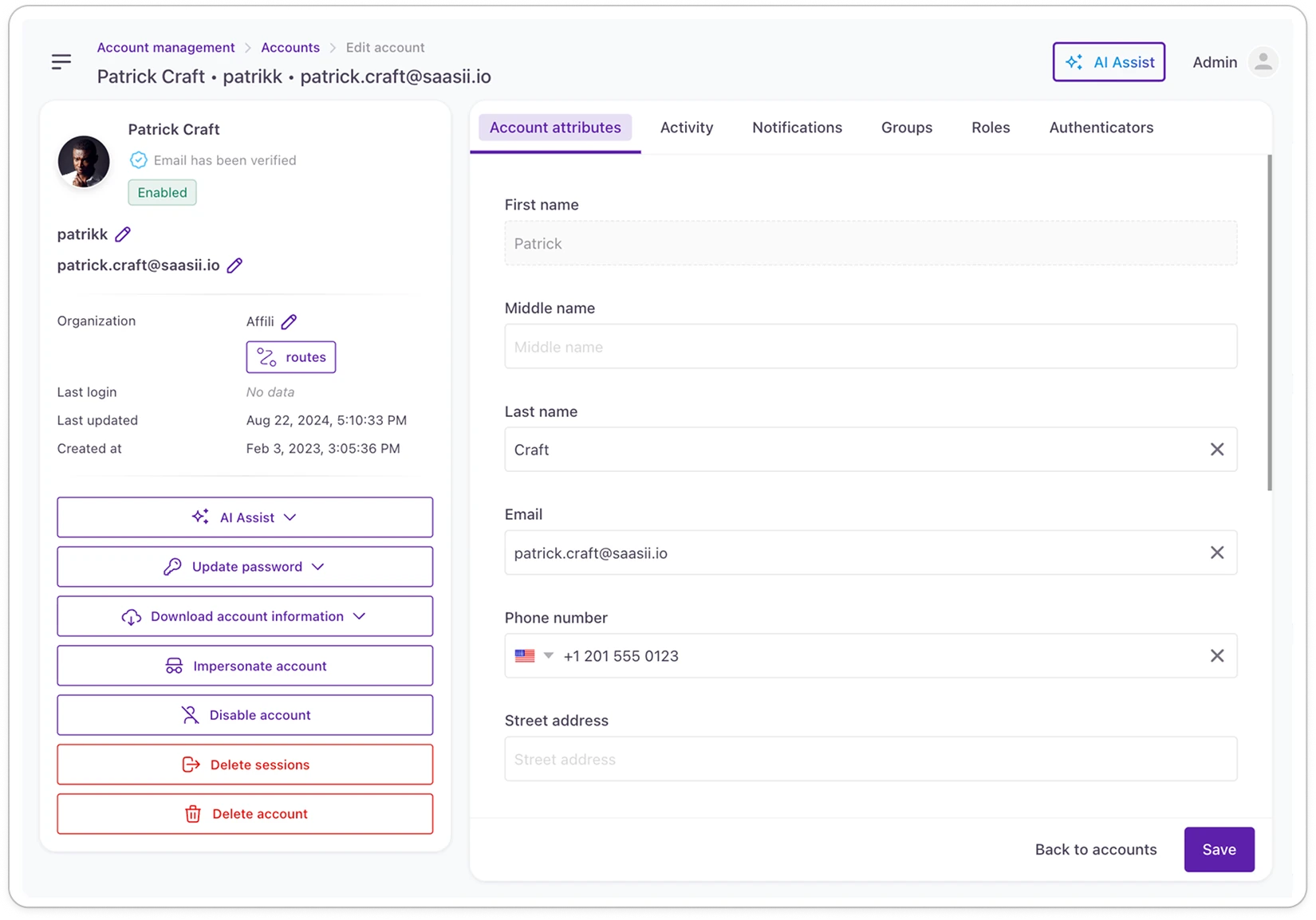 Account management screen with profile summary, account actions and editable attributes